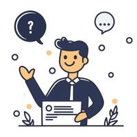 Engaging presenter holding a document while answering questions in a professional setting vector