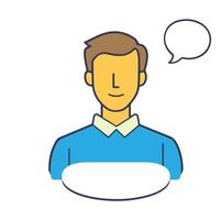 Young man in a blue sweater smiling and speaking, illustrating a friendly conversation vector