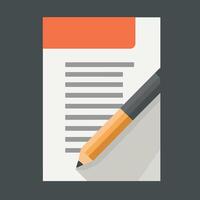 A close-up view of a notepad and pen arranged on a dark surface with focus on writing vector