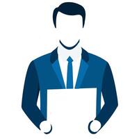 Businessman in a suit holding a blank document against a simple background in a professional setting vector