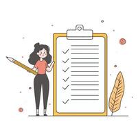 A woman holding a pencil next to a checklist while standing in a bright, minimalist workspace vector