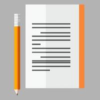 A yellow pencil rests beside a neatly lined notebook on a grey background vector