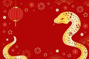 Chinese New year of snake golden with traditional lantern red background card vector