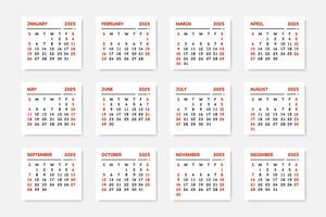 Calendar 2025. Monthly schedule template. Month business planner. Desk date. Week, day event. vector
