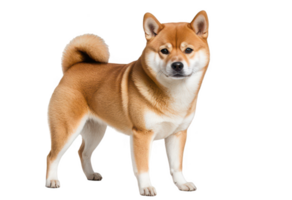 A cheerful Shiba Inu dog standing with a curled tail and smiling expression, isolated on transparent background. png