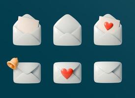 Set of 3D envelope icons featuring various designs open envelopes, closed envelopes, with letters, hearts, and bell. Perfect for email, messaging, notifications, or communication themes vector