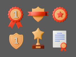 Set of 3D illustrations of awards and achievements, including shields, medals, trophies, ribbons, and certificates. Perfect for apps, games, education, or recognition themes vector