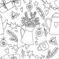 Coloring book. Seamless pattern with Christmas garlands, gifts and fir branches. In doodle style vector