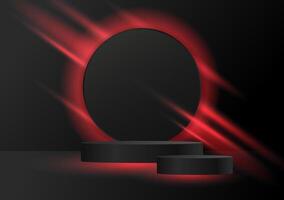 3D Black Red cylinder pedestal podium with Neon red glow rays stripes on dark background. Luxury dark wall scene for product display presentation.Backdrop For Business. illustration vector