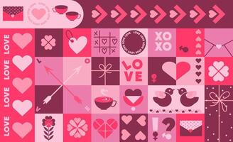 Abstract Geometric Valentine's day mosaic background, icons and symbols set, greeting card, cover, label, sale promotion templates.Love and heart romantic background, seamless pattern, banner. vector
