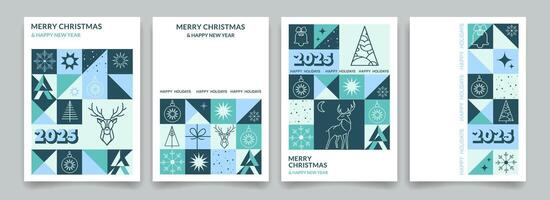 Merry Christmas and Happy New Year greeting cards, posters, holiday covers in modern minimalist geometric style set .Christmas backgrounds set.Modern Xmas design template with geometric pattern. vector