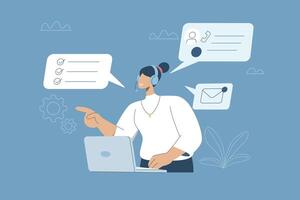Technical support or customer service, Hotline, Call center representative, Online customer consultation or feedback, Female employee wearing headphones helps serve customers. design. vector