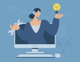 Technical support or customer service, Hotline, Call center representative, Online customer consultation or feedback, Woman wearing headphones holding a wrench and helping customers solve problems. vector