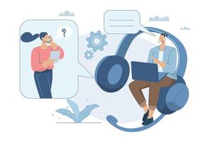 Customer services and support, Consultant or suggestions, Hotline, Customers ask for advice, Male officer answers the phone and gives online customer consultation via laptop. design. vector