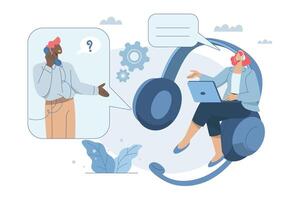 Customer services and support, Consultant or suggestions, Hotline, Customers ask for advice, Female officer answers the phone and gives online customer consultation via laptop. design. vector