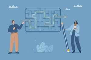 Complex problem solving skills, Businessman holding a big pencil showing how to solve a maze, Solving complex business problems, Intelligence and the ability to overcome difficulties. vector