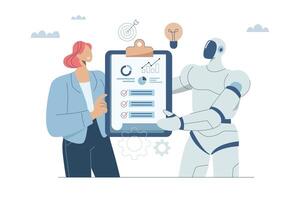 Personnel or employees work with artificial intelligence, Chatbots, Document management or data management with AI, Data checklist, Innovation development, design illustration. vector