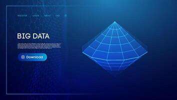 Futuristic big data interface with 3D geometric wireframe and download feature. vector