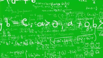 Animation of math and physics formulas, illustration of calculation fast thinking movement on green screen background. video