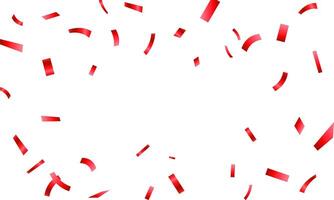 Celebration background template with confetti and red ribbons. Shiny carnival decoration. Bright festive tinsel of red color. vector