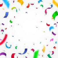 Colorful confetti abstract pattern border frame. Many falling colorful tiny confetti and ribbon on white. Carnival festivity, confetti, vector