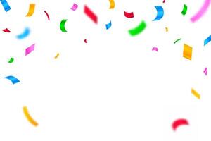 Celebration background template with confetti Colorful ribbons. Bright festive tinsel of multi color. Anniversary or birthday design template. vector