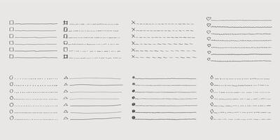 Collection of isolated outline hand drawn check to do list, bullet, check mark and check box in a doodle sketch cartoon style. Set of paper note with task plan. vector