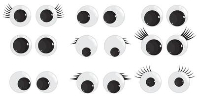 A set of plastic toy eyes. Glossy, bulging, puppet eyes. Cute, round, , isolated elements. Look down, up, left, right. Different, shaking, silly, hilarious pairs of eyeballs. vector