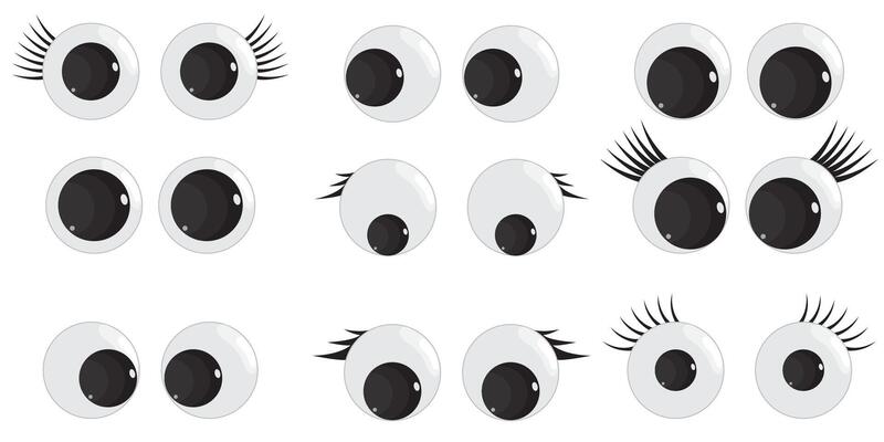 A set of plastic toy eyes. Glossy, bulging, puppet eyes. Cute, round, , isolated elements. Look down, up, left, right. Different, shaking, silly, hilarious pairs of eyeballs.