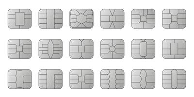 EMV chip silver icons. Contactless payment at terminals and ATMs. Set line nfc symbol. Square computer microchips for credit debit cards. vector