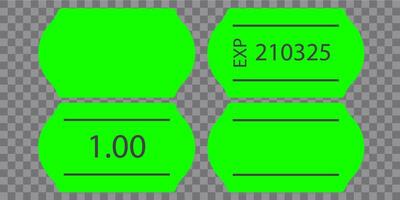 Self-adhesive green neon paper price tag with two stripes. Blank price label. Green sticker to indicate the expiration date. illustration isolated on chequered background. vector
