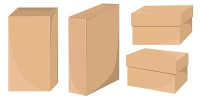 Realistic front and side views of delivery cardboard boxes in illustrations, featuring craft-style packaging details. vector