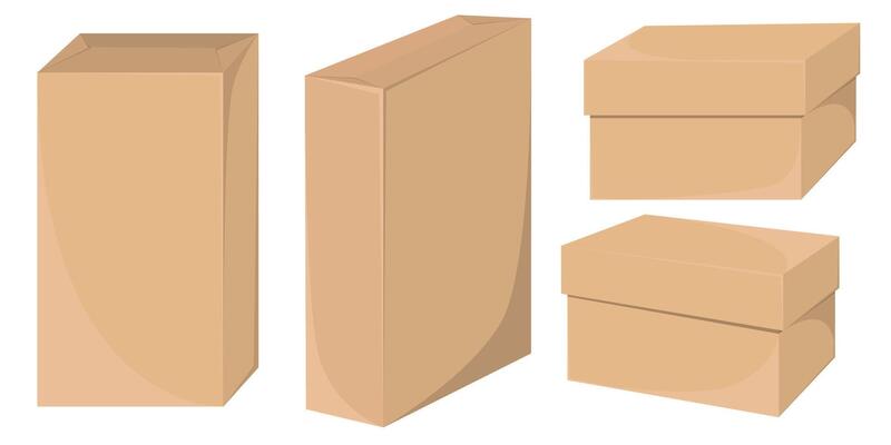 Realistic front and side views of delivery cardboard boxes in illustrations, featuring craft-style packaging details.