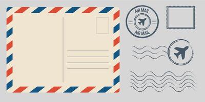 Postcard envelope template set. Greeting card stamps postal services red blue frame fast delivery air ships stylish retro design empty blank graphic template. vector
