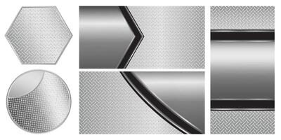 Set of silver gray metal backgrounds and elements, 3D polished chrome metallic and shiny diamond plate texture, illustration vector