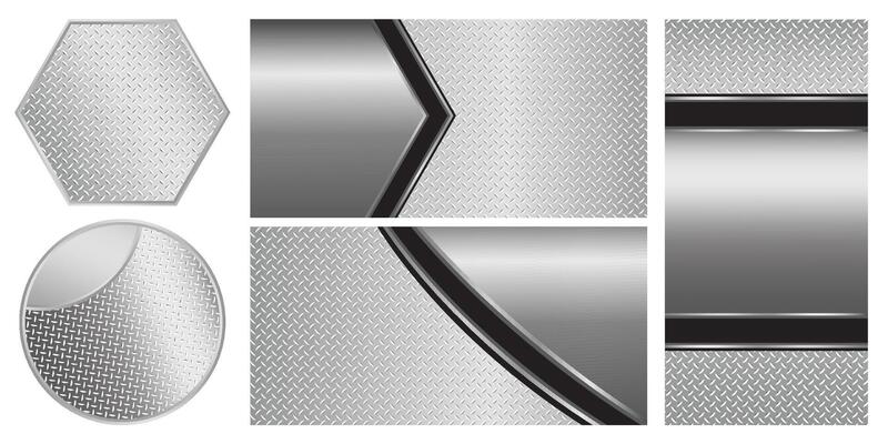 Set of silver gray metal backgrounds and elements, 3D polished chrome metallic and shiny diamond plate texture, illustration