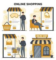 Online shopping concept E commerce flat set with man in a store and shopping cart illustration vector