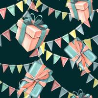 Gift boxes with ribbons, bows, confetti and garland of flags in coral and turquoise colors on a dark background. Watercolor illustration, hand drawn. Seamless pattern for congratulations. vector