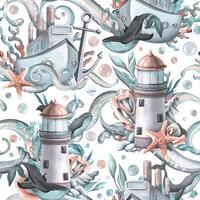 Lighthouses and steamships with whales, shells, waves, algae, starfish, bubbles and anchors. Watercolor illustration. Seamless pattern from the collection of WHALES. For fabric, textiles, wallpaper vector