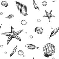 Seashells, starfish, seaweed, fish and bubbles. Graphic illustration hand drawn in black ink. Seamless pattern EPS . for fabric, textile, prints, design and decoration. vector