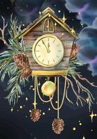 Wooden house clock with cuckoo, pine branches and cones, tree branches, golden beads, sparkling stars. Christmas, New Year watercolor illustration hand drawn. Card on the background of the night sky vector