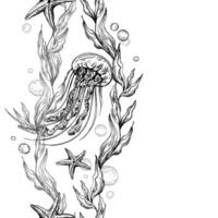 Jellyfish, sea blue algae with leaves wriggling in wave with bubbles and coral starfish. Graphic illustration hand drawn in black ink underwater world. Seamless vertical border pattern for long vector