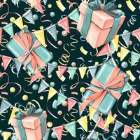 Gift boxes with ribbons, bows, confetti and garland of flags in coral and turquoise colors on a dark background. Watercolor illustration, hand drawn. Seamless pattern for congratulations. vector