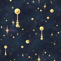 Pendants gold with beads of different sizes, scattering of sparkling stars. Christmas, New Year, winter watercolor illustration hand-drawn. Seamless pattern on the background of the night sky. vector