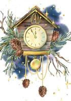 Wooden house clock with cuckoo, pine branches and cones, tree branches, golden beads, sparkling stars. Christmas, New Year watercolor illustration hand drawn. Card isolated from background vector