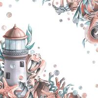 A marine lighthouse with algae, corals, shells and a starfish. Watercolor illustration. Templates from the collection of WHALES. For the design and decoration of prints, posters, stickers, postcards. vector
