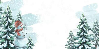 Horizontal frame with snow, Christmas trees, snowman. Watercolor illustration. Board from a large set of COZY WINTER. For registration and design of invitations, greetings, certificates, postcards vector