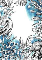 Sea animals, octopus, crab, seaweed, coral, sponge, starfish, shells, fish and bubbles. Graphic illustration hand drawn in black ink. Vertical rectangular frame template, postcard vector