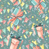 Gift boxes with ribbons, bows, confetti and garland of flags in coral and turquoise colors on a turquoise background. Watercolor illustration, hand drawn. Seamless pattern for congratulations. vector