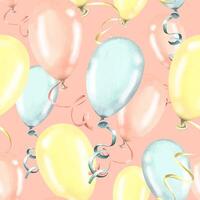 Festive, seamless pattern with balloons of yellow, blue and pink colors on a pink background. Watercolor illustration from a large set of HAPPY BIRTHDAY. For decoration and background design. vector